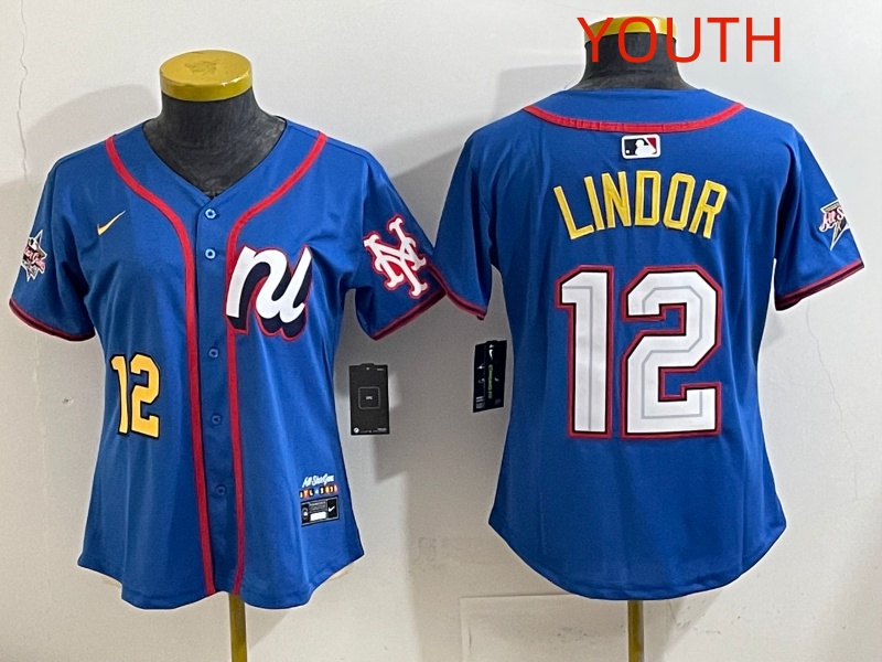 Youth 2025 New York Mets 12 Lindor Blue All star Nike MLB Jersey style 004